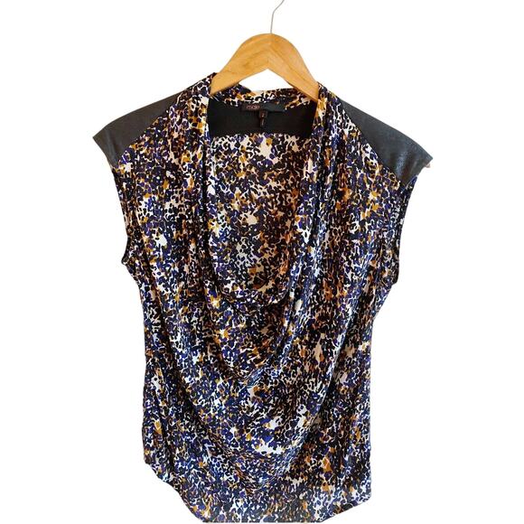 MAJE Blouse Cowl Neck Blouse Top Black Colorful Faux Suede Details Sleeveless 2 - Picture 1 of 8